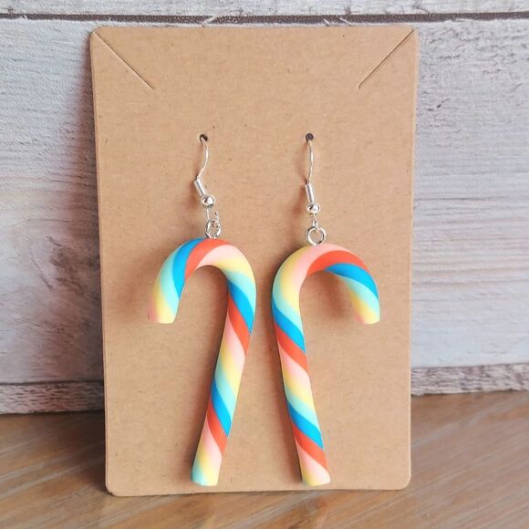 handmade Jewelry - 3D Christmas Earrings Rainbow Candy Cane Earrings